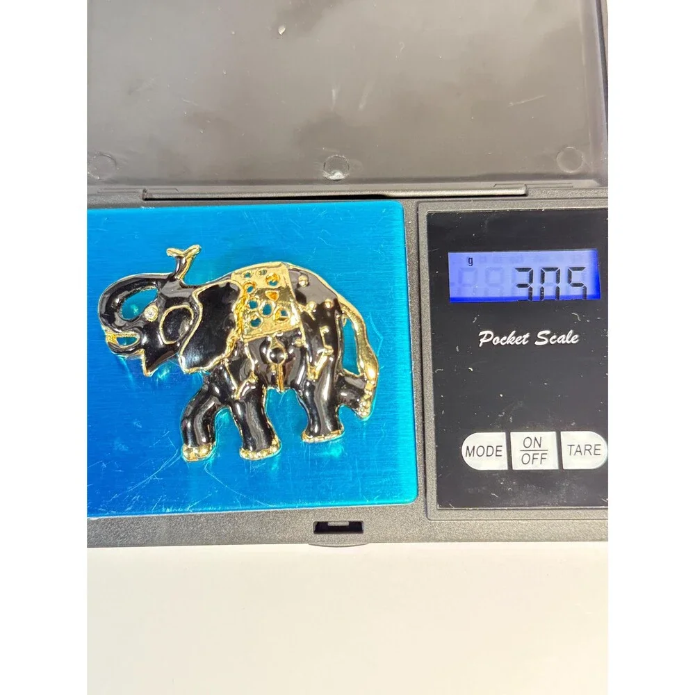 Vintage Black Enamel Elephant Brooch Gold Tone Rhinestone Figural Pin